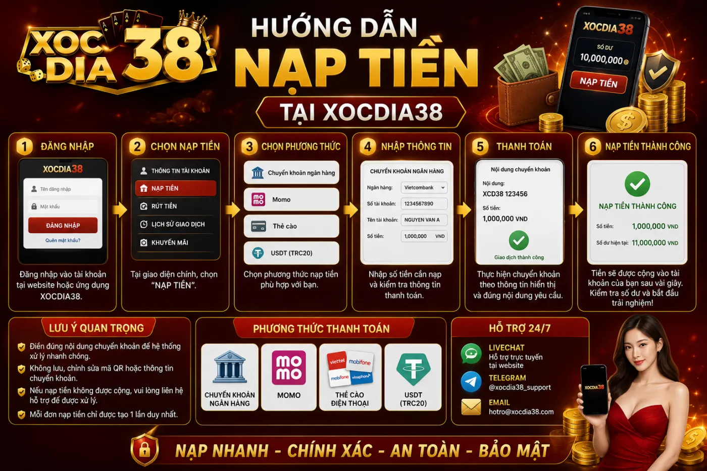Hướng dẫn nạp tiền phổ biến tại các nhà cái